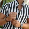 Camisa Casual de Manga Corta para Hombre Estilo Europeo y Americano Verano Transfronteriza Camisa Amazon Cuello Alto Rayas Corte Holgado