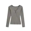 Camiseta de Cachemir Sexy para Mujer con Escote Corazón de Melocotón, Manga Larga, Color Sólido, Cuello Alto, Ajustada, para Otoño e Invierno