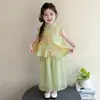 Novo Conjunto de Roupa Tang Infantil Estilo Chinês, Estilo Chinês Verão Vintage Novo Sem Mangas Traje Tradicional para Meninas, Roupa de Performance Dia das Crianças Tendência