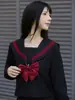 Directo de Fábrica Japonés Akasami Sanbon Uniforme JK de Marinero Set para Mujer Manga Larga Negro Estilo Uniforme Escolar Falda con Lazo Grande