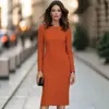 Vestido Redondo de Manga Larga Estilo Europeo y Americano Simple para Mujer, Vestido Bodycon de Longitud Media Formal para el Trabajo con Ceñidor en la Cintura