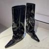 Botas de Cano Alto Estilo Novo 2023 para Mulheres, Botas de Cavaleiro de Salto Alto com Bico Fino, Botas Niche de Couro Envernizado para Calças