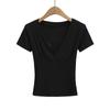 Camiseta Feminina 2025 Estilo Francês Slim Sexy com Decote V Acabamento em Renda Manga Curta Costurada Top Slim Puro Desejo com Franzido no Peito