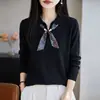 Suéter de Tricô com Gola Polo e Fita Estilo Old Money para Mulheres, Outono 2026, Caimento Solto, Emagrecedor, Versátil, Manga Longa
