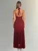 Vestido de fiesta cruzado para mujer, cuello halter, cuello en V, espalda descubierta, con amarre, dobladillo irregular, con volantes, estilo sirena