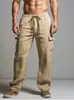 Pantalones de Algodón y Lino Nuevos Europeos y Americanos con Cordón Cintura Elástica Rectos Color Sólido Transpirables Casuales Deportivos Holgados Cargo