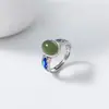 Anillo Nalan de Plata de Ley S925 Nuevo Estilo Chino Retro Esmalte de Jade Qing Shui Paisaje Nubes Propicias Superficie de Huevo Estilo Chino Combinación R03913