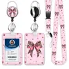 Conjunto de porta-cartão com cordão para celular e crachá de identificação, retrátil, fivela de puxar fácil, fita de cetim com estampa floral colorida