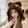 Chapéu de tricô de aba larga com orelhas de urso de pelúcia e pompom, de alta qualidade, para mulheres, outono e inverno, quente e versátil, proteção para as orelhas
