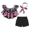 INS Roupa jeans infantil europeia e americana meninas flor top ombro a ombro + shorts jeans rasgado cocar três peças