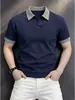 Top adelgazante de color contrastante con cuello, polo de gaviota de manga corta para hombre, verano, alta gama, textura transpirable con bordes enrollados, azul marino