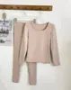 Top simples de gola U, escovado, quente, de manga longa, alta elasticidade, modelador, segunda pele justa para mulheres, top e calça de cor sólida para outono