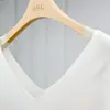 Camiseta Base Versátil de Uso Diario Casual Warren Hailong Leah Tejido de Lana y Seda con Cuello en V de Manga Corta para Mujer