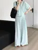 Conjunto Chique Coreano Relaxado Vintage com Decote V, Botões e Manga Curta + Calça Wide Leg Fluida Emagrecimento