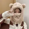 Chapéu de Urso Fofo para Mulheres Outono e Inverno Estilo Coreano Ciclismo à Prova de Vento Quente Máscara Cachecol de Pescoço Integrado Pelúcia Grossa Chapéu Lei Feng