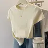 Malha Ribana de Seda Gelada Manga Curta Gola Redonda Emagrecedor Cor Sólida Top Feminino Camiseta Feminina Tendência Verão Solta Design Versátil