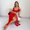 Comércio Exterior Transfronteiriço Lingerie Nova Sexy Europeia e Americana Sexy Feminina Malha Ombro Caído Fenda Alta Saia Longa Conjunto Sexy Atacado
