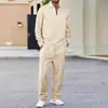 Conjunto Casual para Hombre de Otoño a Cuadros y Color Sólido, con Cuello, Media Cremallera, Manga Larga, Camisa tipo Polo y Pantalones Largos