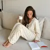 2026 Nuevo Conjunto de Pijama y Ropa de Casa para Mujer con Cardigan de Punto con Cordones Estampado de Manga Larga Otoño/Invierno Europeo y Americano