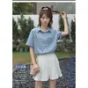 Nova Moda Coreana Casual Elegante Design de Ponta Modelagem Solta Amigo da Pele Denin Fino Manga Curta Top em Cores Escuras/Claras