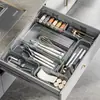 Caja de Almacenamiento para Cajón para Utensilios de Cocina, Cubiertos y Vajilla, con Compartimentos para Organización, Caja de Almacenamiento Retráctil Integrada en Gabinete Extensible