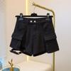 Shorts Jeans Cargo Petite Cáqui para Mulheres 2025 Design com Tiras Curtos Cintura Alta Hot Pants Primavera
