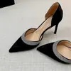 2026 Tendência Novo Estilo Coreano Strass Bico Fino Salto Baixo Sapatos de Salto Alto Femininos para o Dia a Dia Trabalho Preto