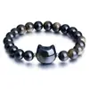 Pulseira de Contas Cabeça de Gato em Pedra Natural, Obsidiana Prateada, Pedra Olho de Tigre, Pedra Olho de Gato Rosa Branco, Pulseira da Sorte, Pulseira Cabeça de Gato em Cristal Rosa