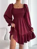 Em Estoque Transfronteiriço Início da Primavera Amazon Suéter Gola Quadrada Manga Longa Babados Cintura Alta Slim-Fit Elegante Vestido de Trabalho para Mulheres