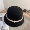 Calidad Diseñador Celebridad de Internet Etiqueta Pequeña Dorada Sombrero de Pescador Sombrero de Cubeta de Lana Cálido de Invierno para Mujer Hepburn Elegante Elegante Sombrero de Copa