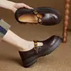 Versión de Piel de Vaca~Mocasines Versátiles de Piel de Ternera Vintage con Camelia y Suela Gruesa para Mujer con Hebilla de Tira en T, Zapatos de Cuero con Punta Redonda