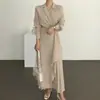 2026 Novo Vestido Camisa Formal Elegante Feminino Vintage Longo Cor Sólida Longo Cintura Marcada