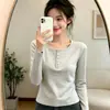 Top de Manga Longa com Gola Redonda e Meio Botão Estilo Coreano para Mulheres, Camada Base para o Início do Outono, Emagrecedor, Elástico, Básico, Cor Sólida, Roupa Íntima Top