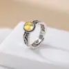 Anillo de Cristal Natural Plateado Yilu Plata de Ley S925 Citrino Hoja de Bambú Trenzado Superficie de Huevo Fábrica de Anillos China Venta al por Mayor