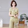 Moda de Verão para Mães Camisa de Manga Curta Estilo Chinês 2025 Camiseta Casual Top Idade Média e Idosos Solto Emagrecimento Conjunto de Duas Peças