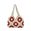 Bolsa de Ombro Tecida à Mão com Padrão de Vovó Estilo Coreano, Bolsa de Praia Casual Estilo Férias Tecida com Corda de Algodão e Linho, Bolsa Tote, Bolsa de Mão