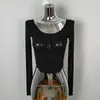 2026 Dongdaemun Coreano Sexy que Favorece la Figura Cuello en U Realza el Busto Ajustado Adelgazante Camiseta Corta de Manga Larga Top de Chica Popular