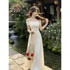 Conjunto de vestido de punto off-shoulder estilo francés para mujer, conjunto de dos piezas elegante de top ajustado y falda larga de verano