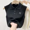 Colete Tricot de Verão Feminino com Gola Lapela, Sem Mangas, Bordado, Top Curto, Branco