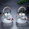 Olla Gruesa Estilo Japonés Directo con Patrón Martillado Grullas, Hervidor de Fuego, Tetera para Hervir Té, Incrustada con Flor de Ciruelo, Olla de Vidrio Resistente al Calor