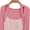 Camiseta de estilo suave color púrpura de taro, diseño de color contrastante de dos piezas falsas, cuello halter, manga larga, corte ajustado, top corto de cuello cuadrado, sin botones
