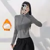 Jaqueta de Yoga Feminina com Forro de Fleece para Outono e Inverno Gola Alta Zíper Cintura Ajustada Slim-Fit Roupa Fitness Polegar Espessado Fleece Top Esportivo