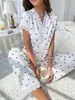 Pijama Feminino Versátil Mais Vendido Transfronteiriço Europeu e Americano com Estampa de Cereja, Bordado Solúvel em Água, Acabamento em Renda, Mangas Curtas e Calça Longa Que Pode Ser Usada Fora