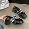 Sapatos Femininos de Salto Baixo com Salto Grosso Francês em Renda Bege 2026 Novo Verão Com Saias Aumentadores de Altura Mary Jane Sapatos Pequenos de Couro