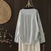 2026 Vintage Artístico Hilo de Algodón Azul Marino Manga Larga Nueva Camisa Gris Casual Holgada Blusa Top