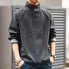 Camiseta de Manga Larga con Cuello Alto de Ante Estilo Retro Americano para Hombre, Nuevo Estilo Otoño, Top Básico Suelto e Informal para Hombre