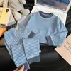 Roupa térmica e pijamas de outono para crianças e meninas, conjunto de roupa íntima espessa macio e quente, roupa de casa listrada sem costura para crianças mais velhas