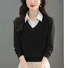 Moda Femenina Nueva Otoño 2026 Suéter de Punto de Manga Larga con Diseño Falso de Dos Piezas, Top Reductor de Edad Primavera y Otoño, Capa Base