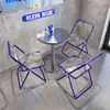 Mesa e cadeira azul Klein para loja de chá com leite da moda combinação de mesa redonda de aço inoxidável cadeira dobrável para lanchonete cafeteria