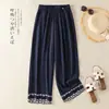 Calça pantalona de algodão e linho, foto real, feminina, estilo fino de verão 2026, nova, folgada, de nove pontos, casual, calça de perna reta bordada leve